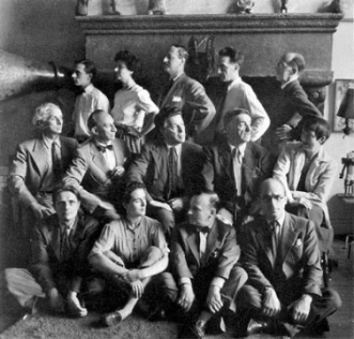 New York, 1942 (left to right): First row: Stanley William Hayter, Leonora Carrington, Frederick Kiesler, Kurt Seligmann. Second row: Max Ernst, Amedee Ozenfant, Andre Breton, Fernand Leger, Berenice Abbott. Third row: Jimmy Ernst, Peggy Guggenheim, John Ferren, Marcel Duchamp, Piet Mondrian.